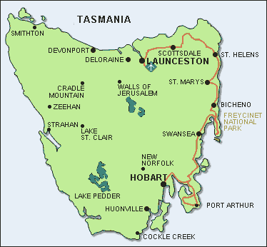 east coast route  of the bicycle tours of Green island Tours in Tasmania